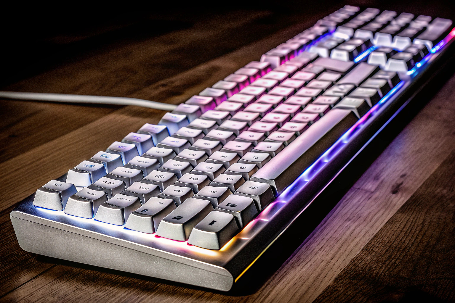 Eine Rii Gaming Tastatur mit ihrer auffälligen Rainbow LED Hintergrundbeleuchtung, die in einem dunklen Raum leuchtet. Rii Gaming Tastatur mit Rainbow LED