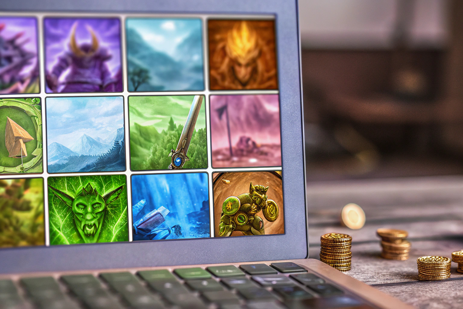 Eine Sammlung von NFTs, die in einem Online-Spiel verwendet werden können, dargestellt auf einem digitalen Bildschirm. NFTs im Gaming