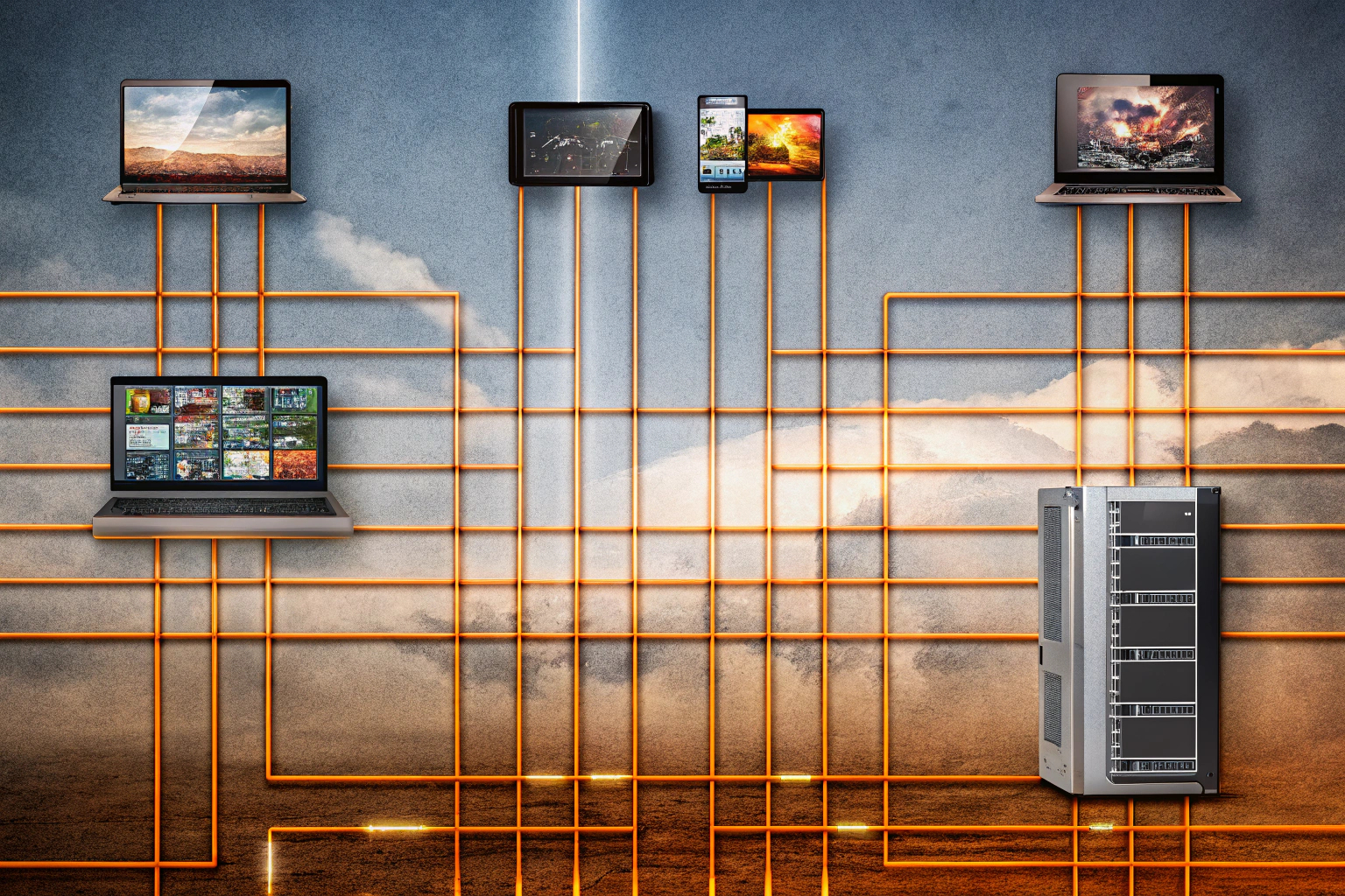 Eine schematische Darstellung, wie Cloud Gaming funktioniert, mit Servern und Endgeräten. Cloud Gaming Funktionsweise
