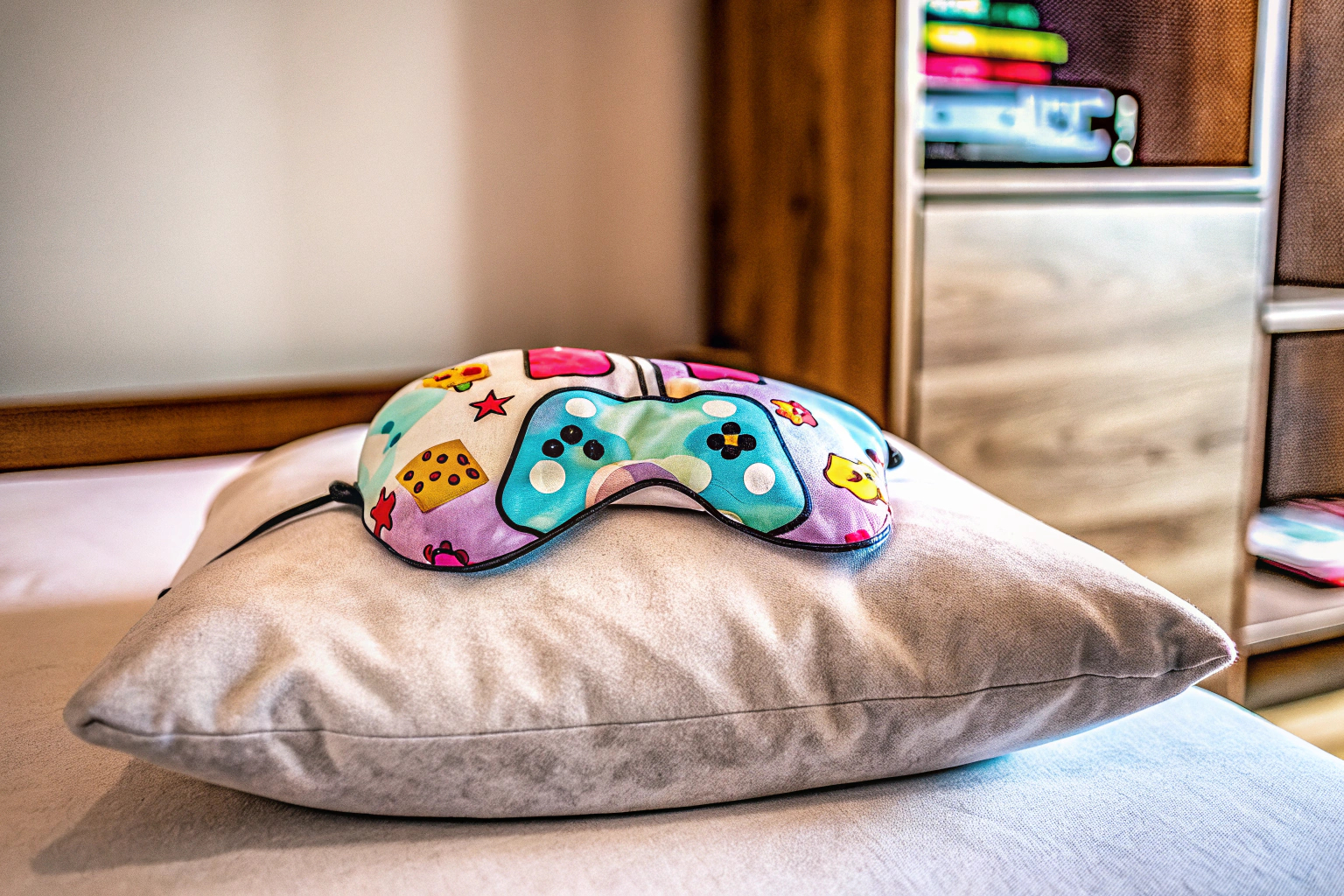 Eine Schlafmaske mit einem lustigen Gaming-Controller-Design, ideal für Gamer, die gut schlafen möchten. Gaming-Schlafmaske