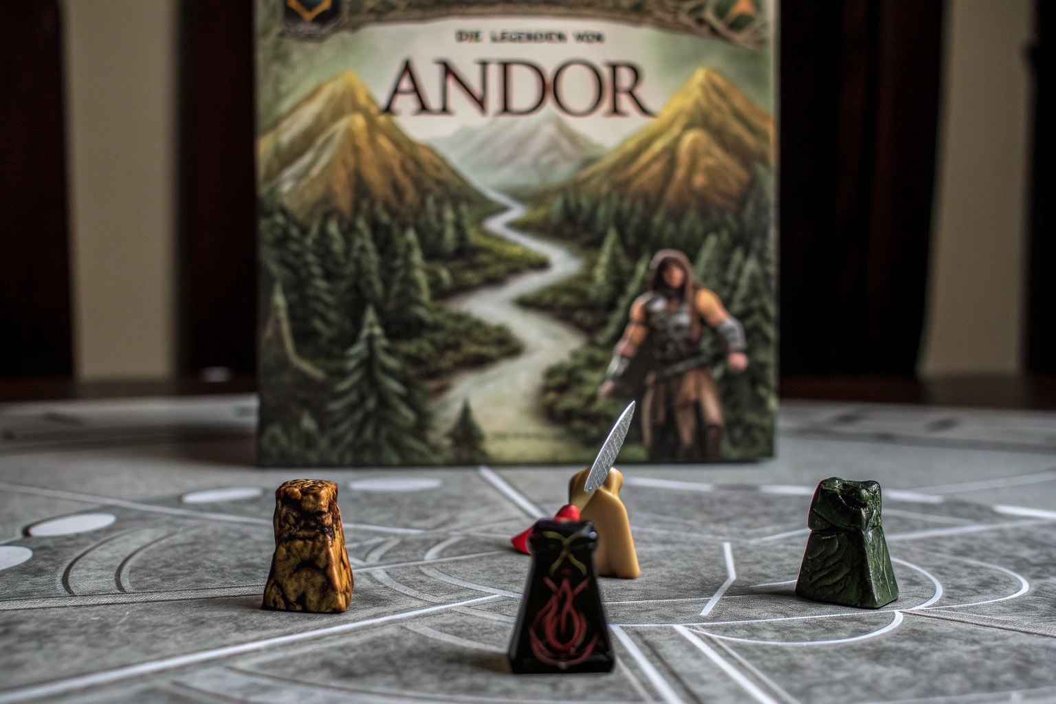 Eine Spielszene aus 'Die Legenden von Andor', die Helden in Aktion zeigt. Die Legenden von Andor Spielszene