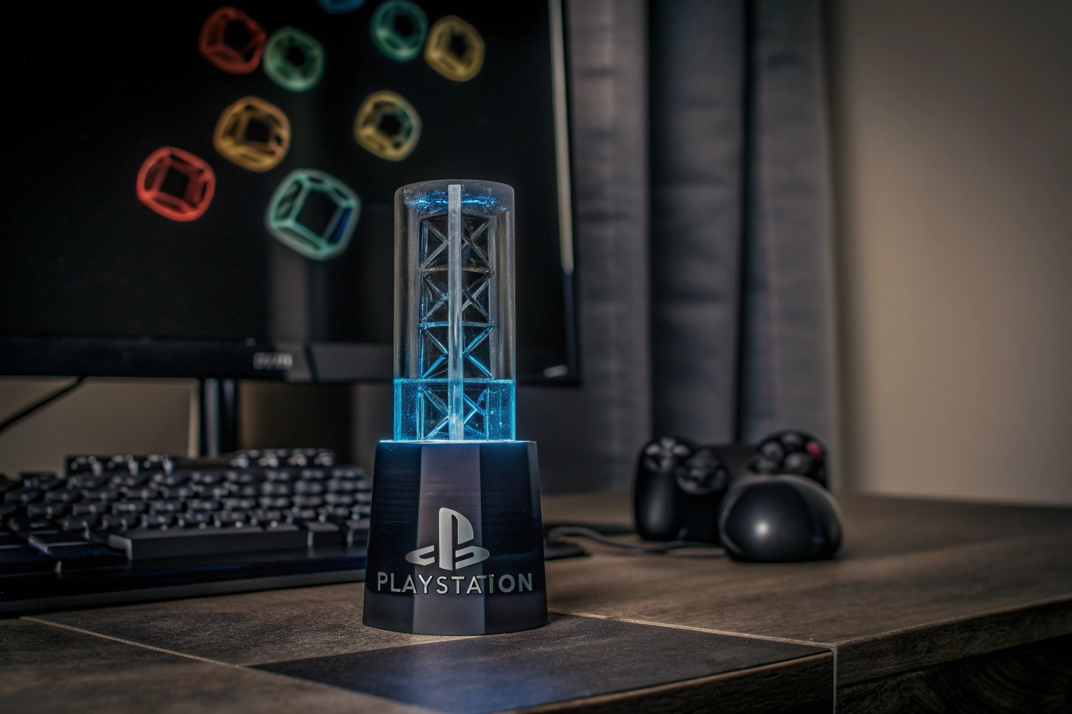 Eine stilvolle Gaming-Lampe mit PlayStation-Logo und schwebenden Icons. PlayStation Flüssigkeitsfluss-Lampe