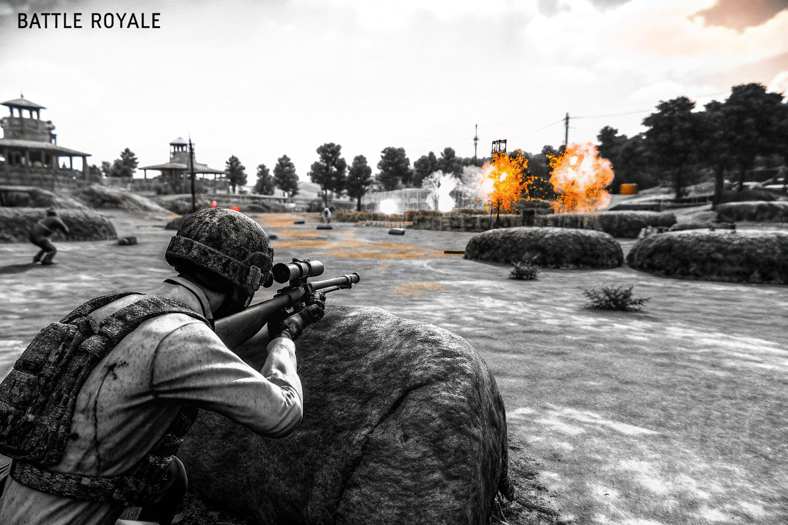 Eine Szene aus einem Battle Royale-Spiel, bei der ein Spieler strategisch agiert. Battle Royale Strategie