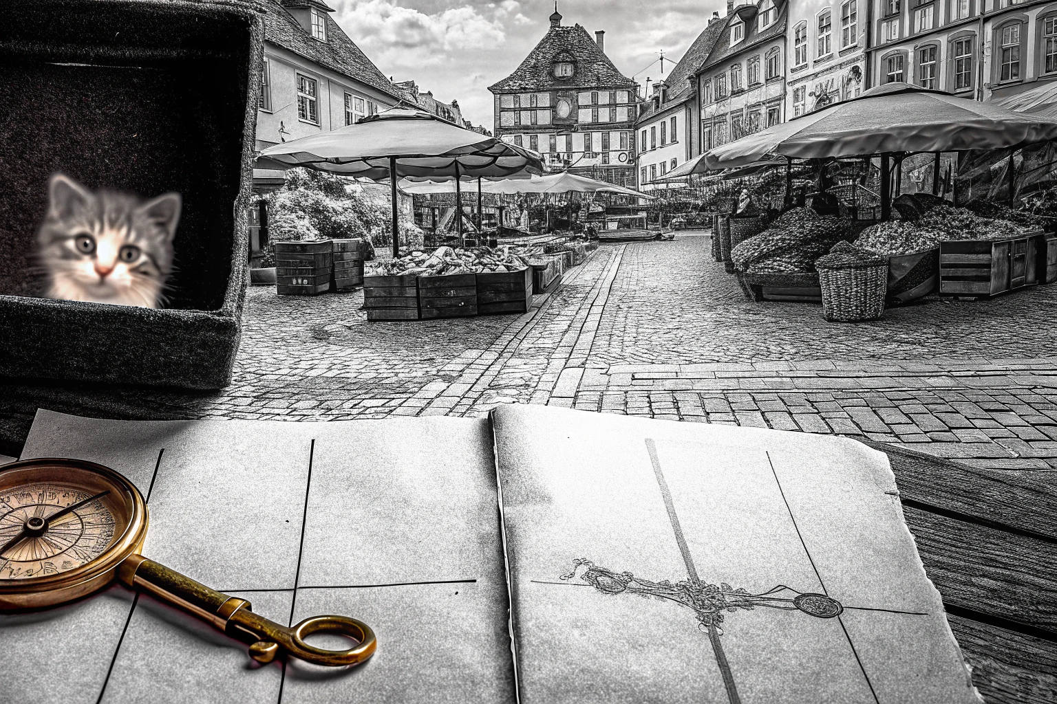 Eine Szene aus einem Wimmelbildspiel, in der versteckte Objekte gefunden werden müssen. Wimmelbildspiel Szene