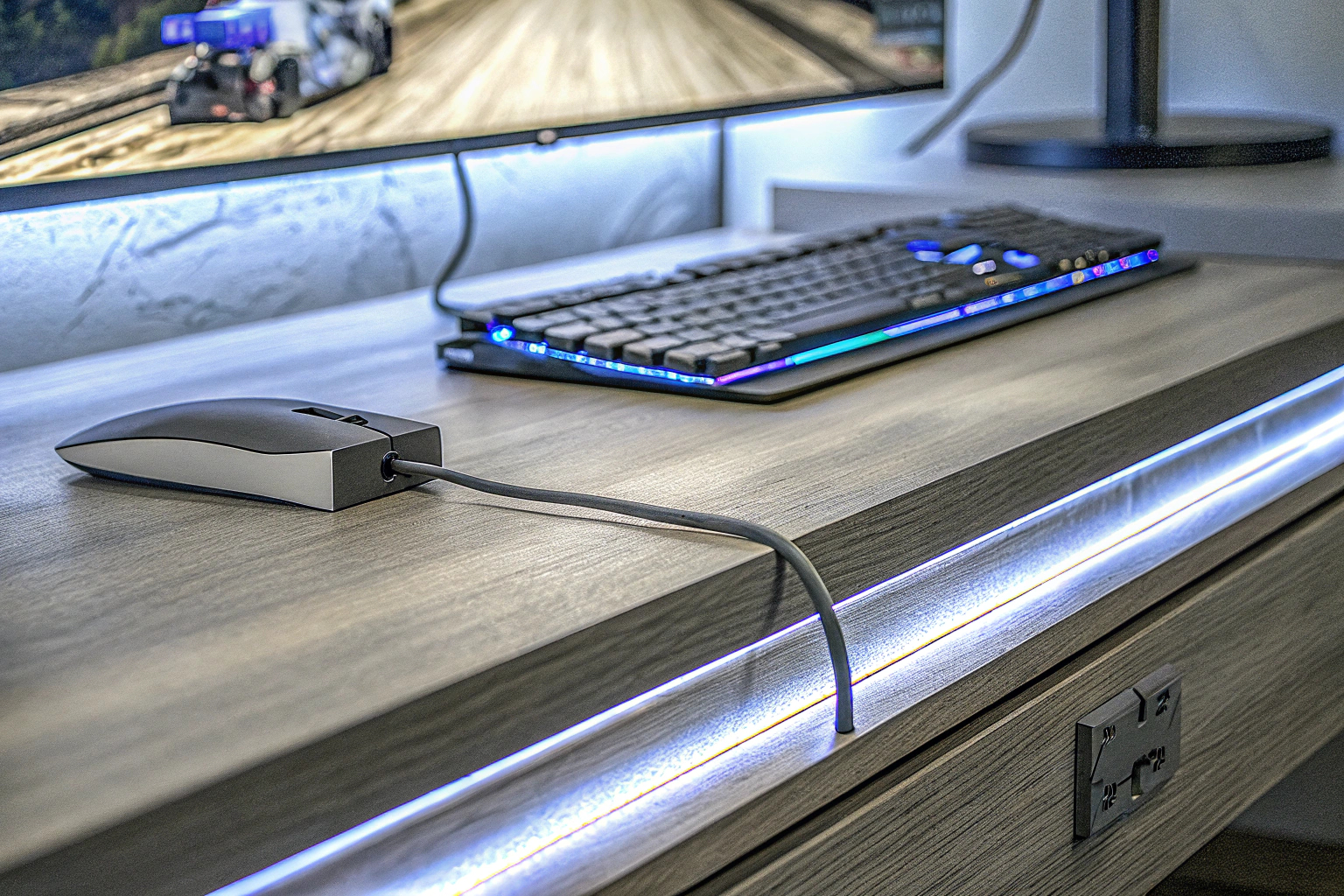 Eine Tischsteckdose mit mehreren eingesteckten Kabeln und USB-Geräten, die an einem Gaming-Schreibtisch angebracht ist. Tischsteckdose mit USB C 20W an einem Gaming-Schreibtisch