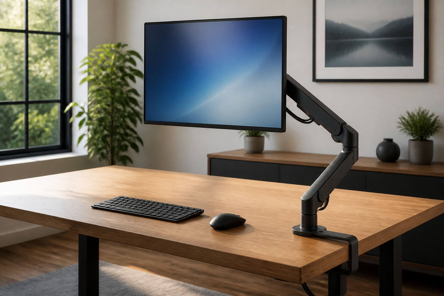 Ergonomischer Arbeitsplatz mit Monitorarm auf Augenhöhe