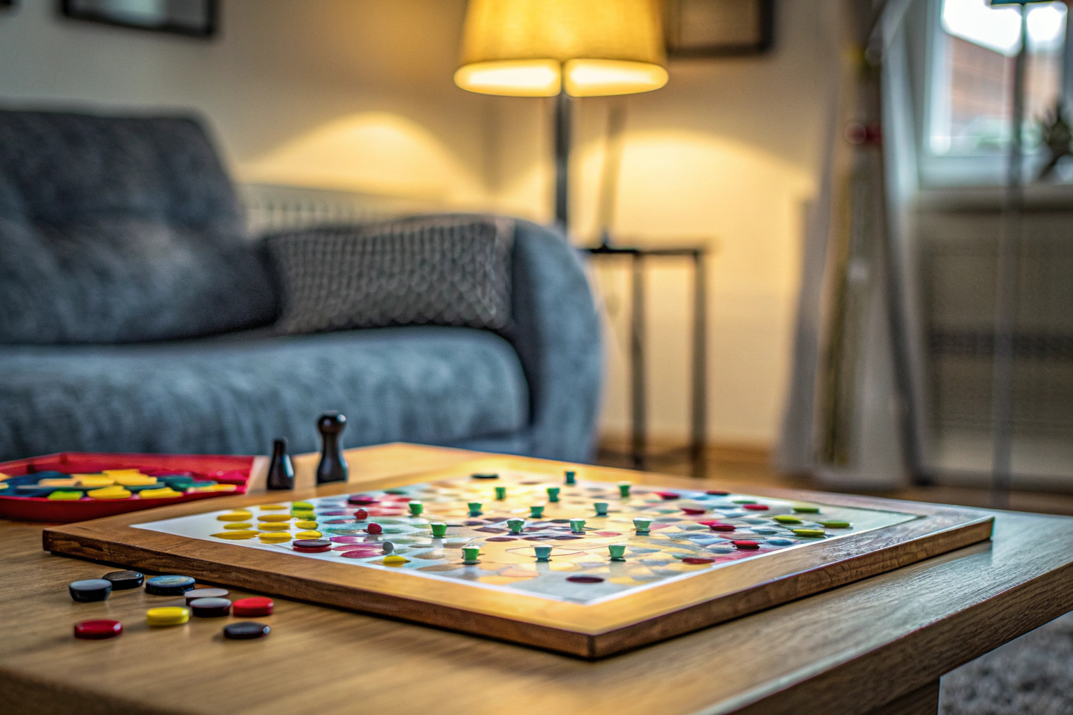 Familie, die an einem Tisch gemeinsam ein Brettspiel spielt. Familie spielt Brettspiel