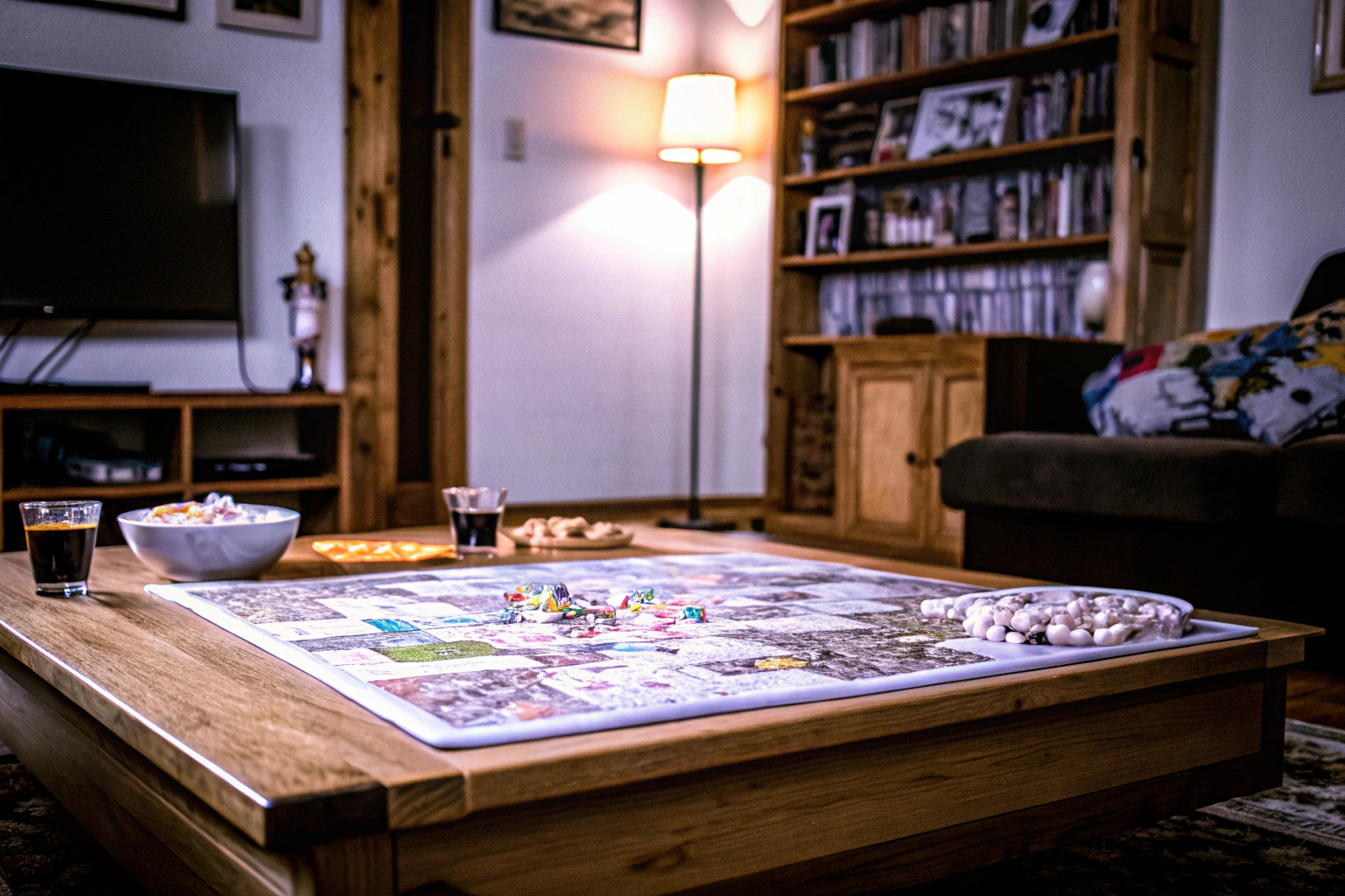 Familie, die gemeinsam an einem großen Brettspiel sitzt. Familienbrettspiel