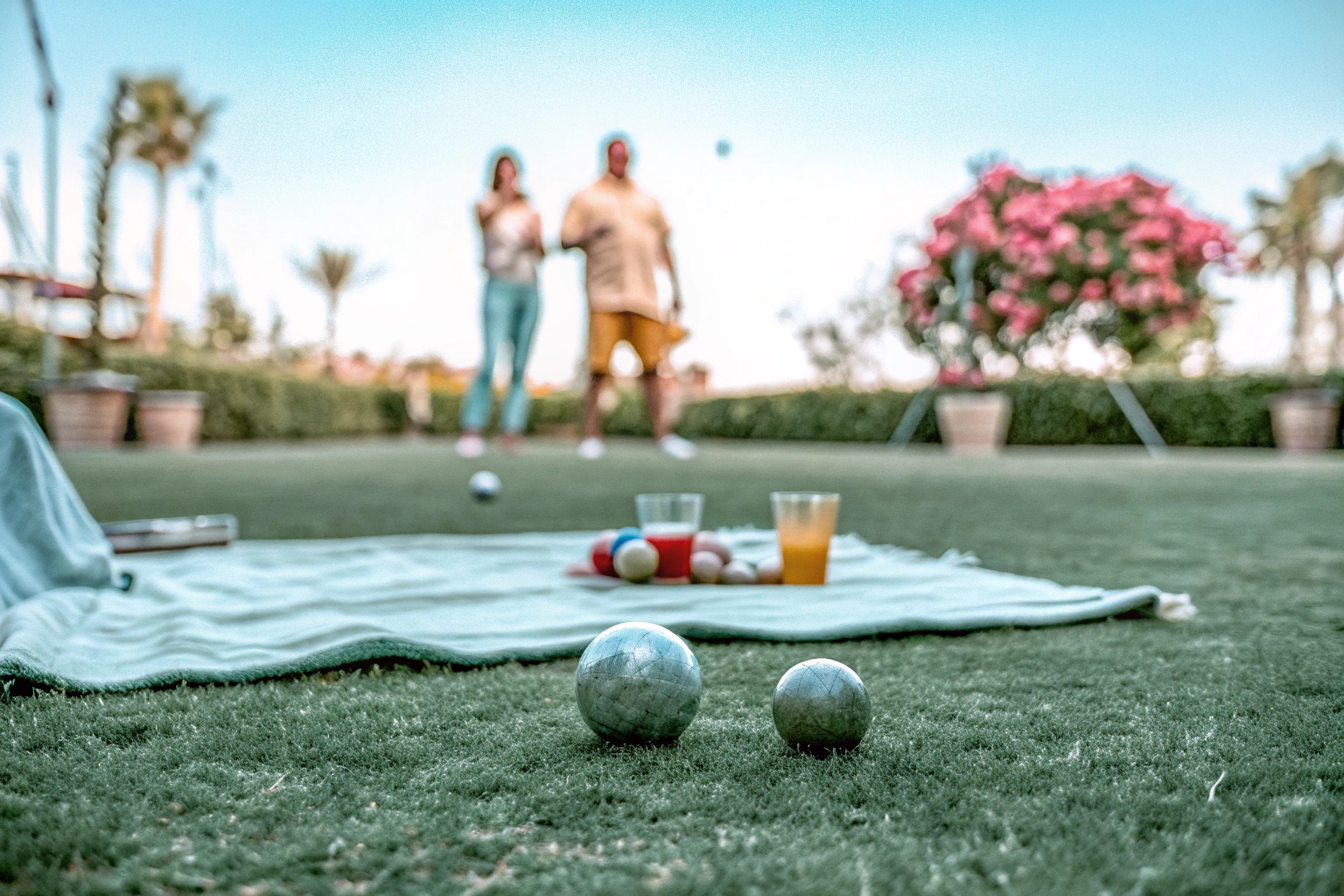 Familie spielt Boccia im Garten