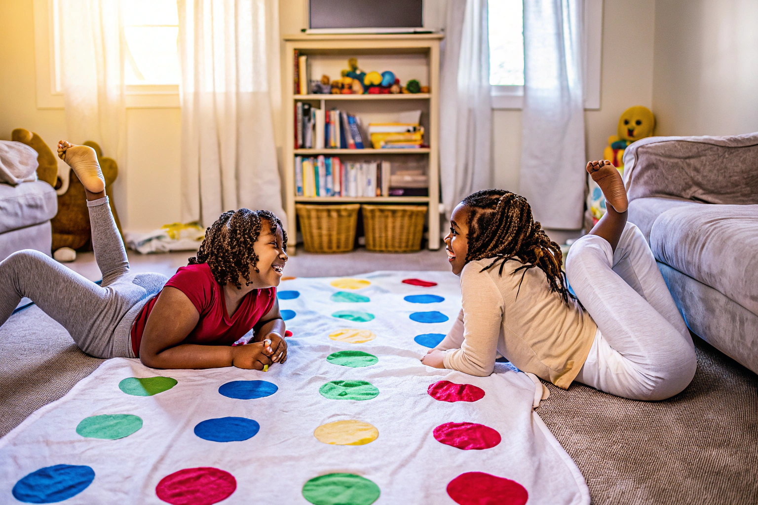 Familie spielt gemeinsam Twister im Wohnzimmer, alle lachen und haben Spaß. Familie spielt Twister