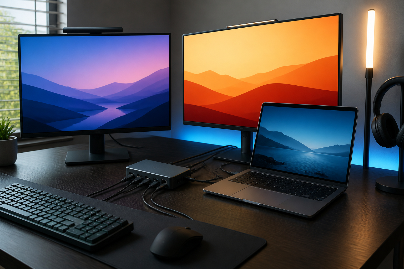 Windows-Multi-Monitor-Setup mit USB-C-Dockingstation und Gaming-Laptop