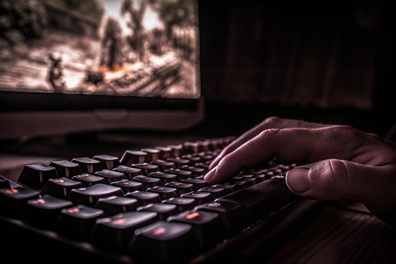 Gamer, der konzentriert auf den Bildschirm schaut und schnell die Tasten drückt. Gamer mit intensiver Konzentration