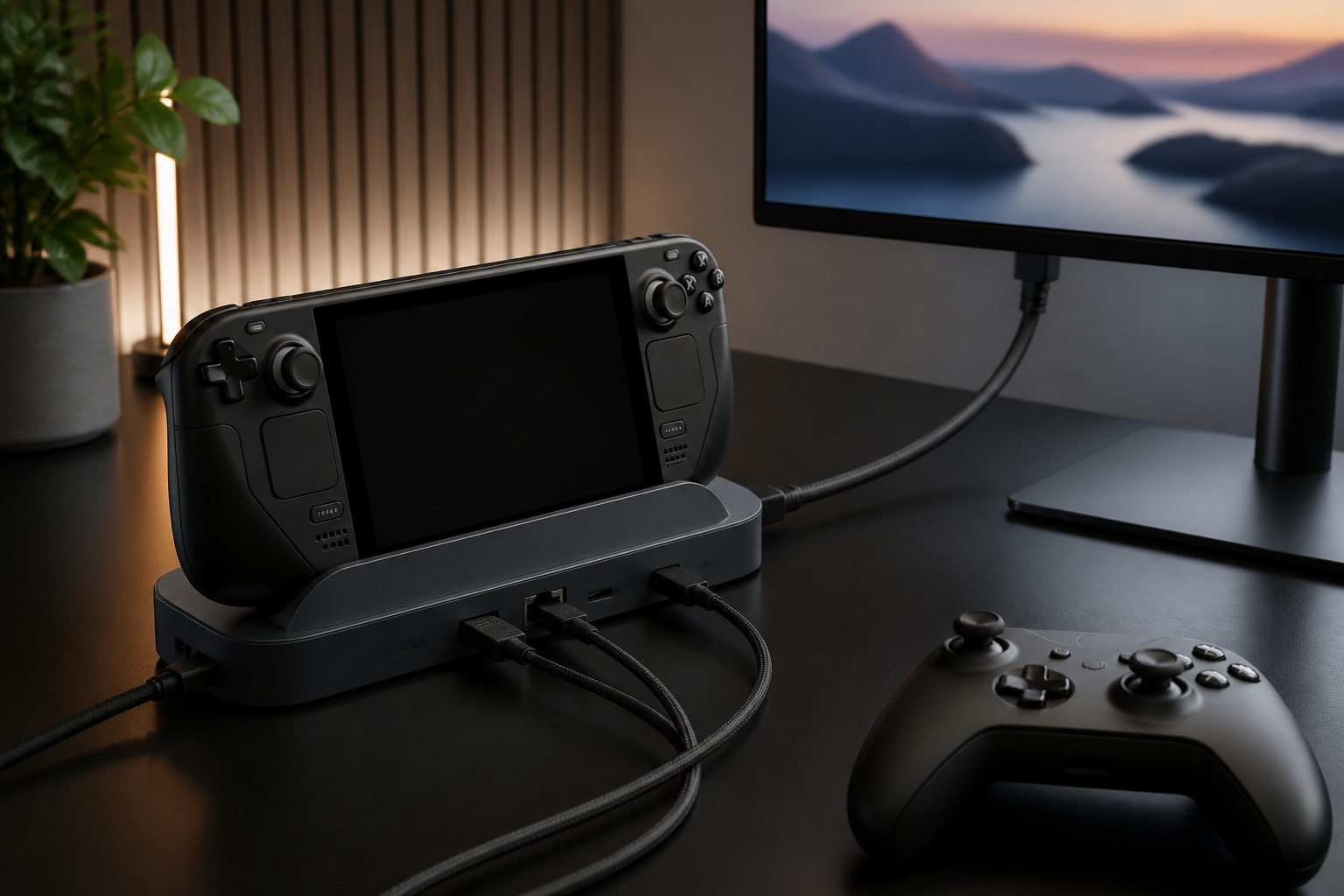 Gaming-Handheld in USB-C-Dockingstation mit Monitor und LAN