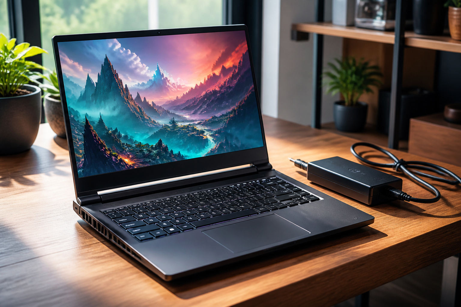 Gaming-Laptop am Netzteil mit freier Belüftung beim Spielen