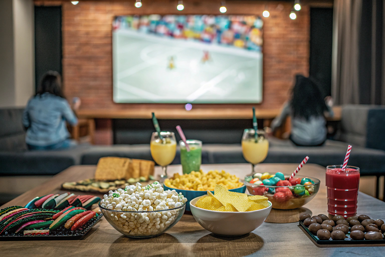 Gaming-Party mit verschiedenen Snacks und Getränken auf einem dekorierten Tisch. Snacks und Getränke für die Gaming-Party