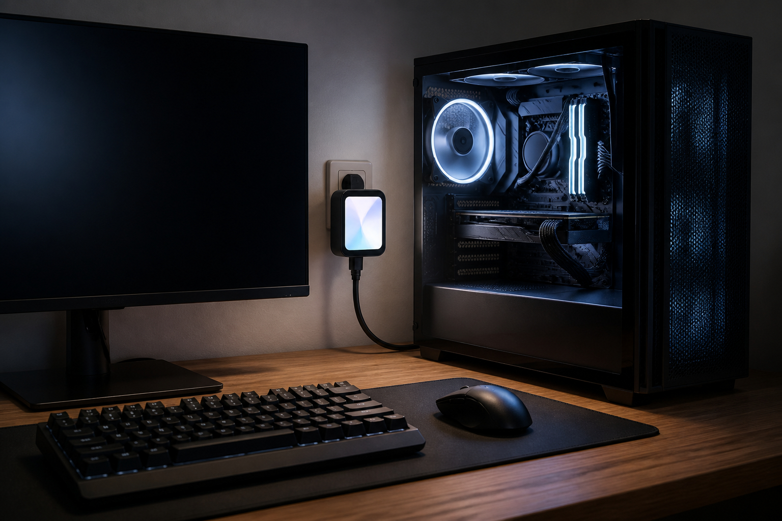 Gaming-PC mit Strommessgerät zur Kontrolle des Energieverbrauchs