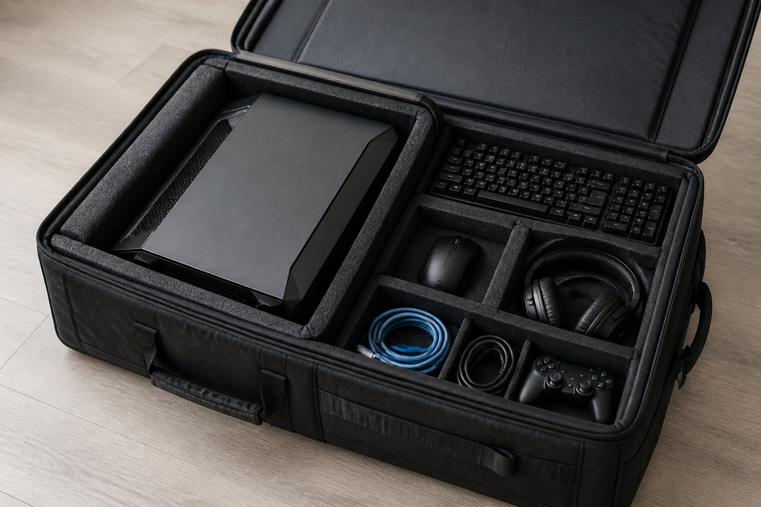 PC-Transporttasche mit Gaming-Zubehör für LAN-Party