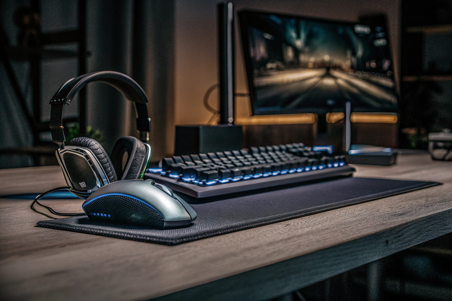 Gaming-Peripheriegeräte wie Maus, Tastatur und Headset auf einem Tisch. Gaming-Peripheriegeräte