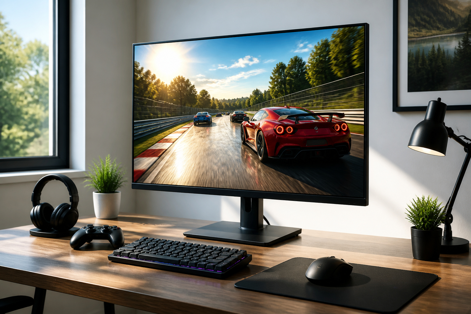 Mini LED Gaming Monitor mit heller HDR-Rennspielszene im Tageslicht