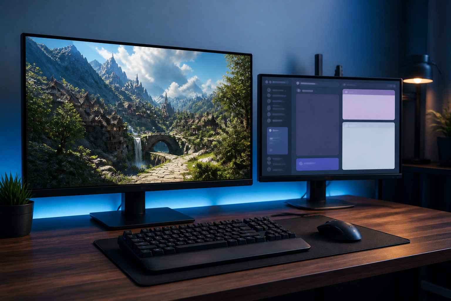 Randloses Fenster Gaming mit zweitem Monitor und Chat