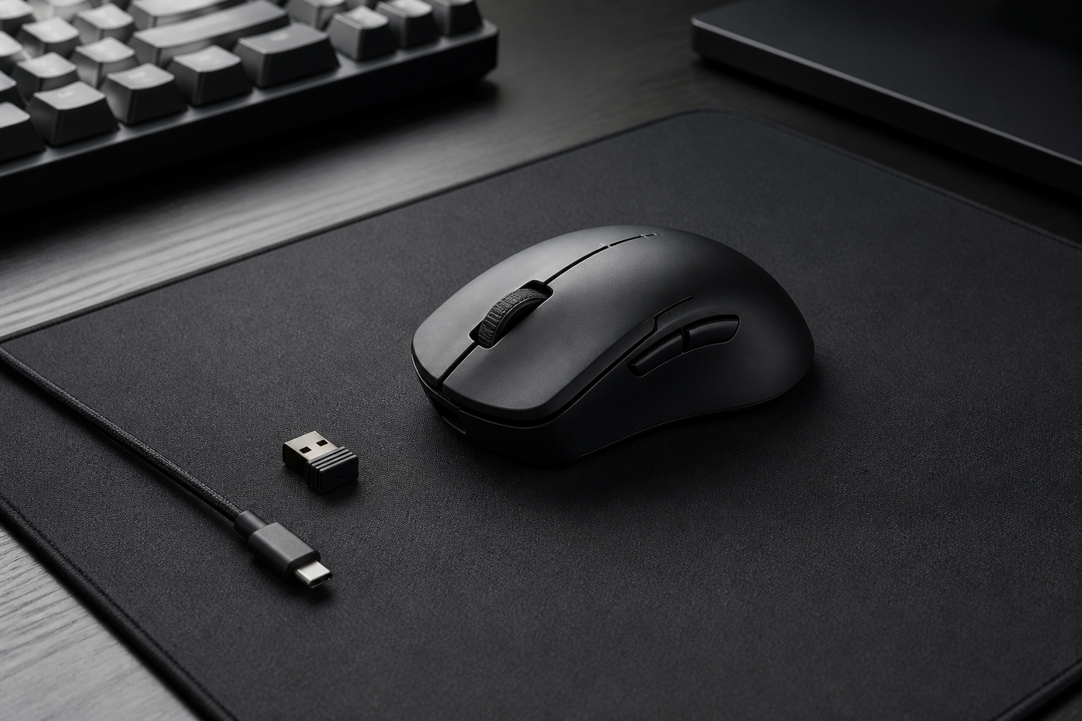 Kabellose Gaming-Maus mit Funkempfänger und Ladekabel auf Schreibtisch