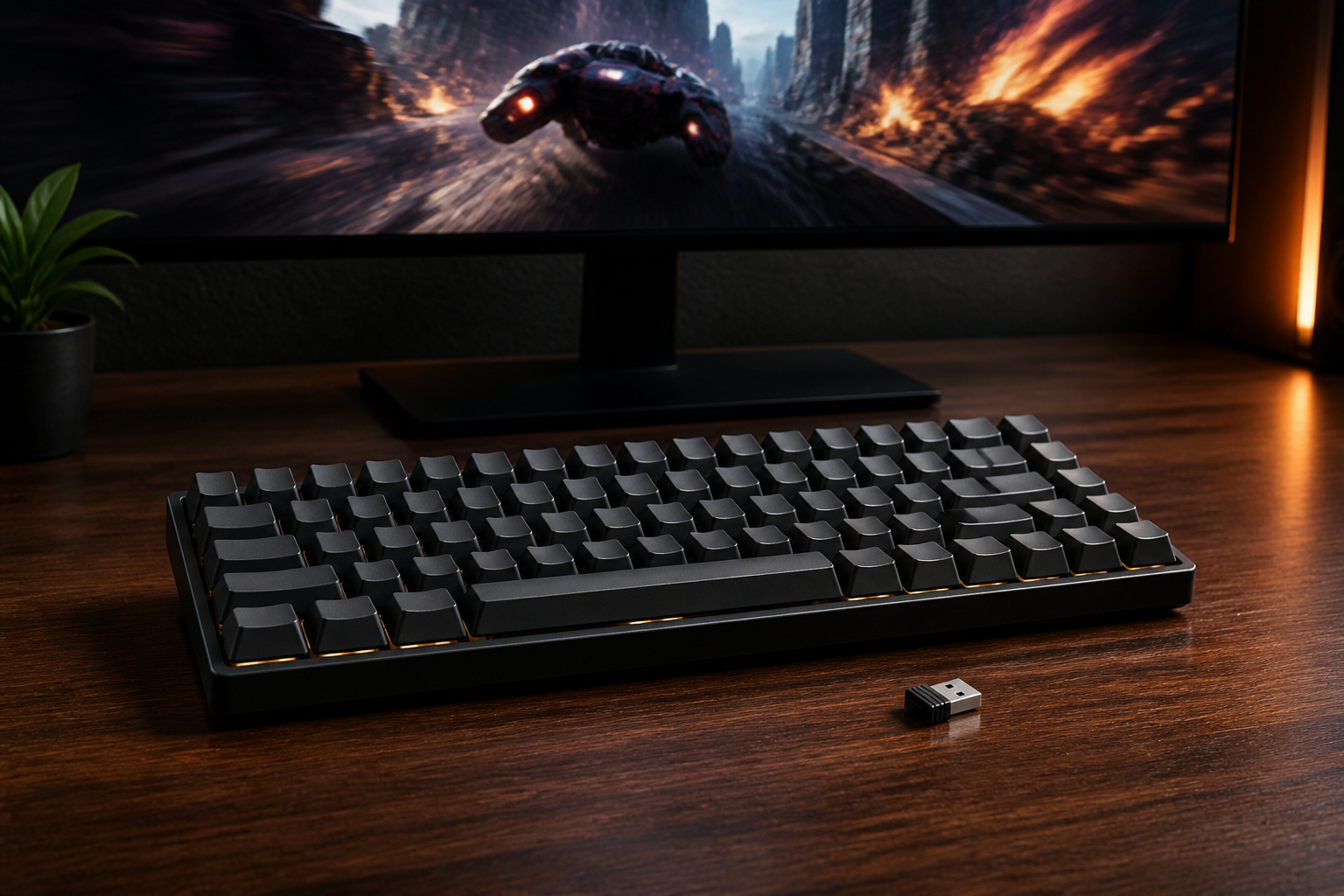 Kabellose Gaming-Tastatur mit 2,4-GHz-USB-Empfänger am Gaming-Schreibtisch
