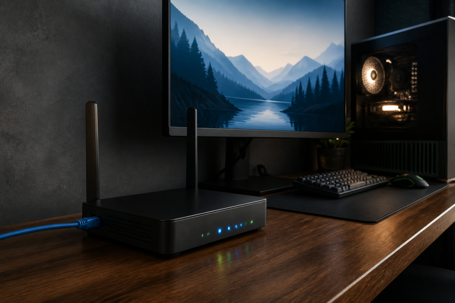 Router und Ethernet-Kabel am Gaming-Schreibtisch für stabiles Online-Gaming
