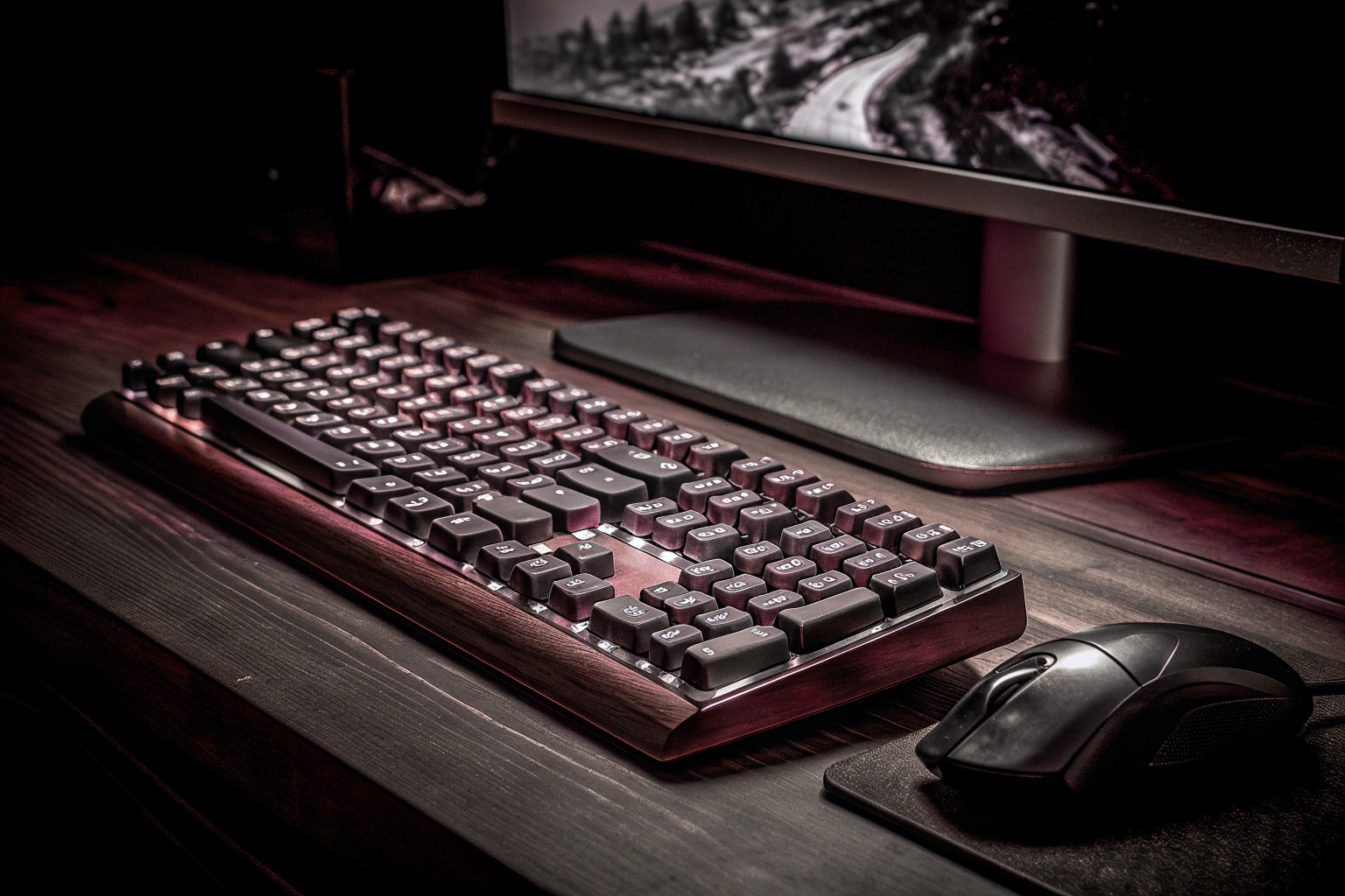 Gaming-Setup mit beleuchteter RGB-Tastatur und ergonomischem Zubehör Moderne Gaming-Tastatur mit RGB-Beleuchtung