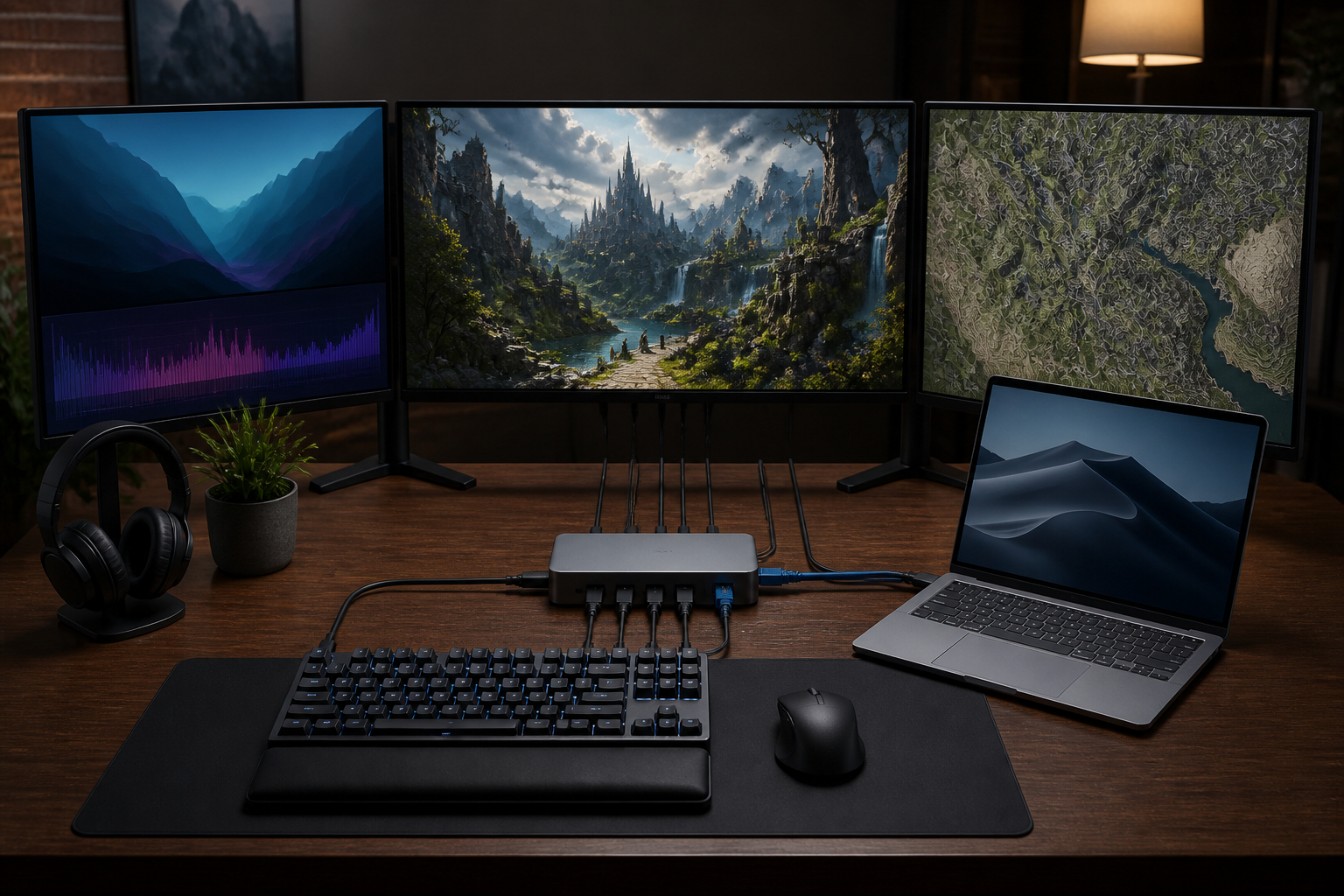 Gaming-Laptop mit USB-C-Dockingstation und drei Monitoren für Gaming und Streaming