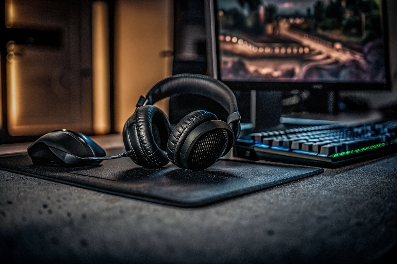 Gaming-Setup mit Headset, Tastatur und Maus in einer beleuchteten Umgebung. Gaming-Setup mit Headset