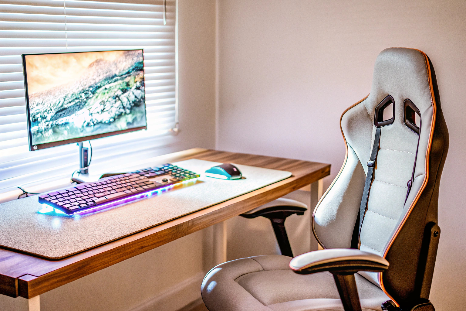 Gaming-Stuhl und Schreibtisch-Setup mit Monitor und Tastatur. Gaming-Stuhl und Schreibtisch-Setup