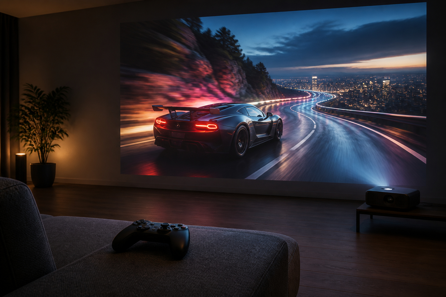 Gaming-Projektor mit großem Bild und Spieler im Wohnzimmer