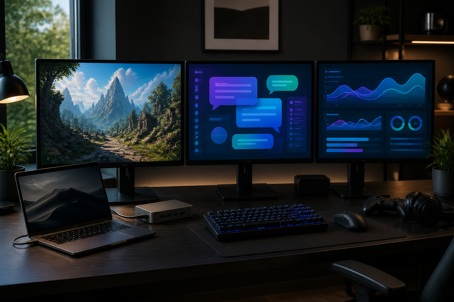 Gaming-Setup mit drei Monitoren und USB-C-Dockingstation