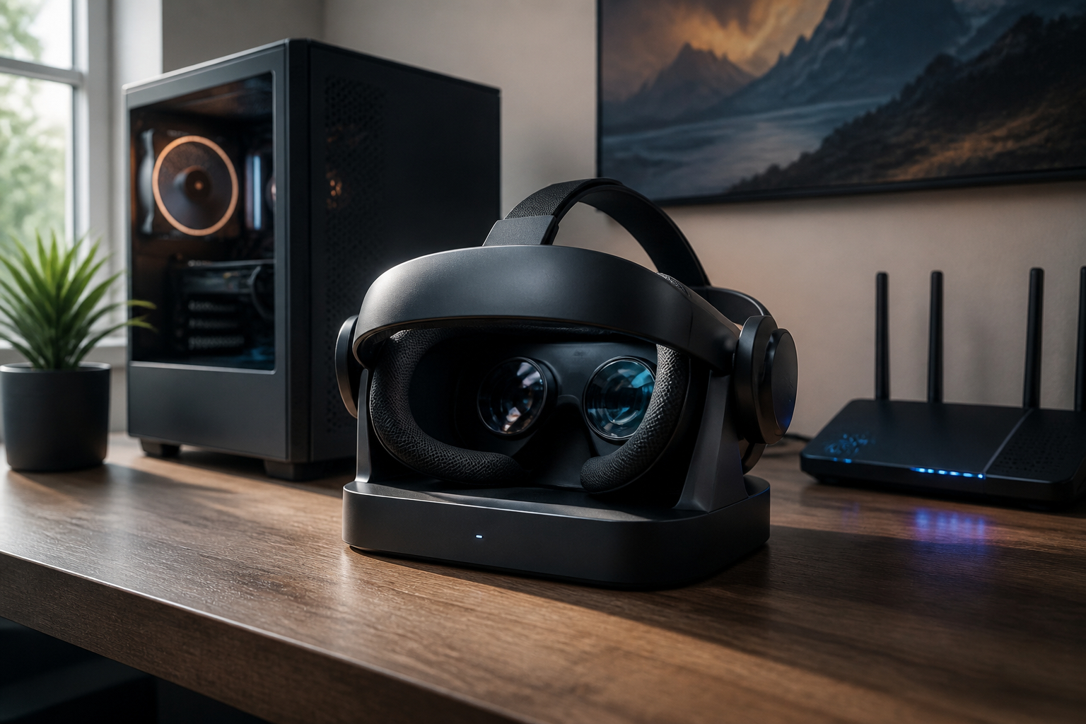 Kabelloses VR-Headset im Gaming-Zimmer mit Router und PC