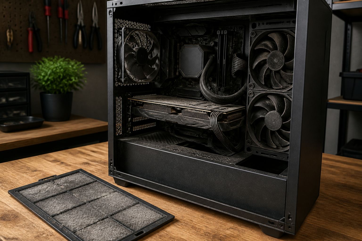 Verstaubter Gaming-PC vor der Reinigung