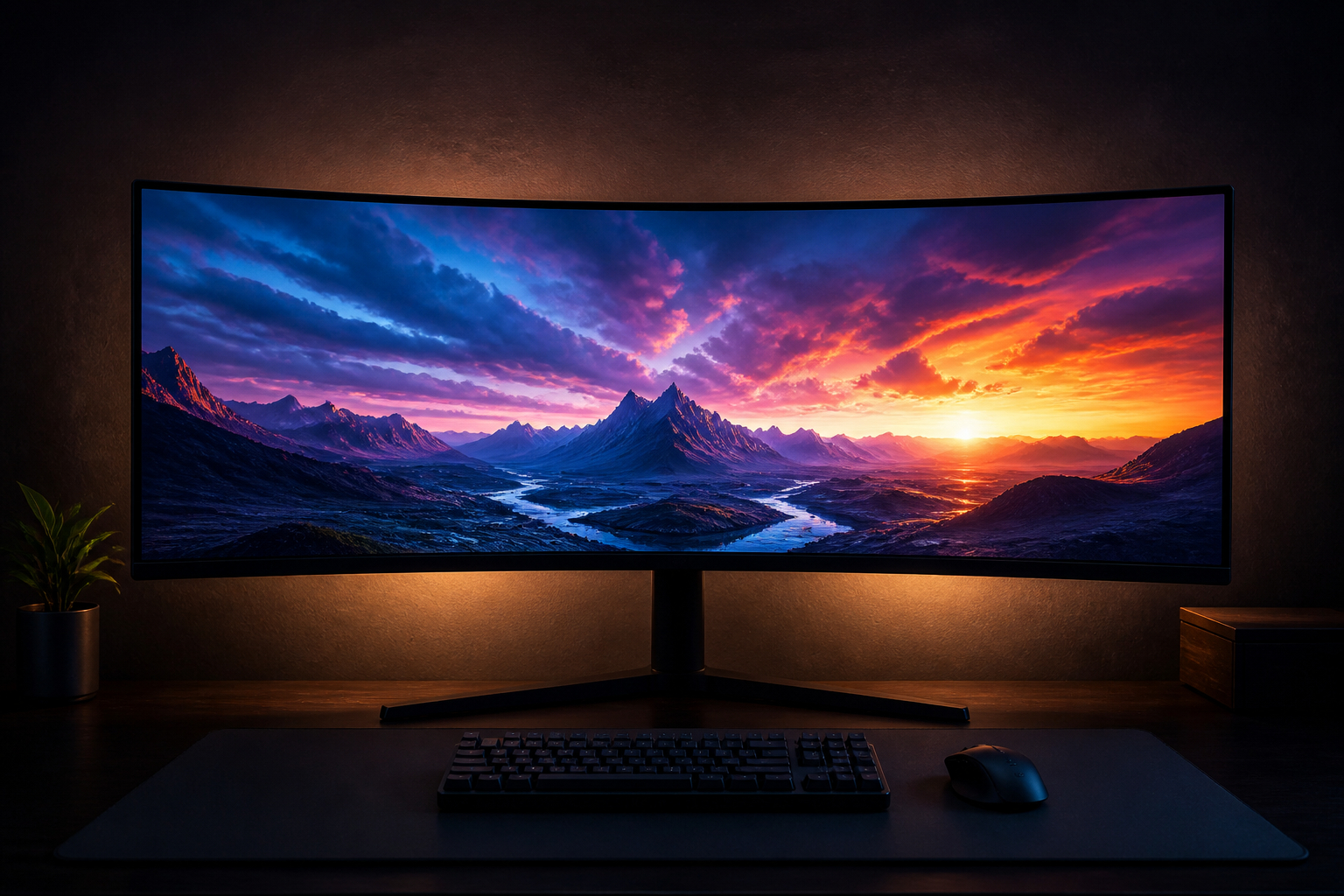 Curved Ultrawide Gaming Monitor in einem kontrolliert beleuchteten Raum