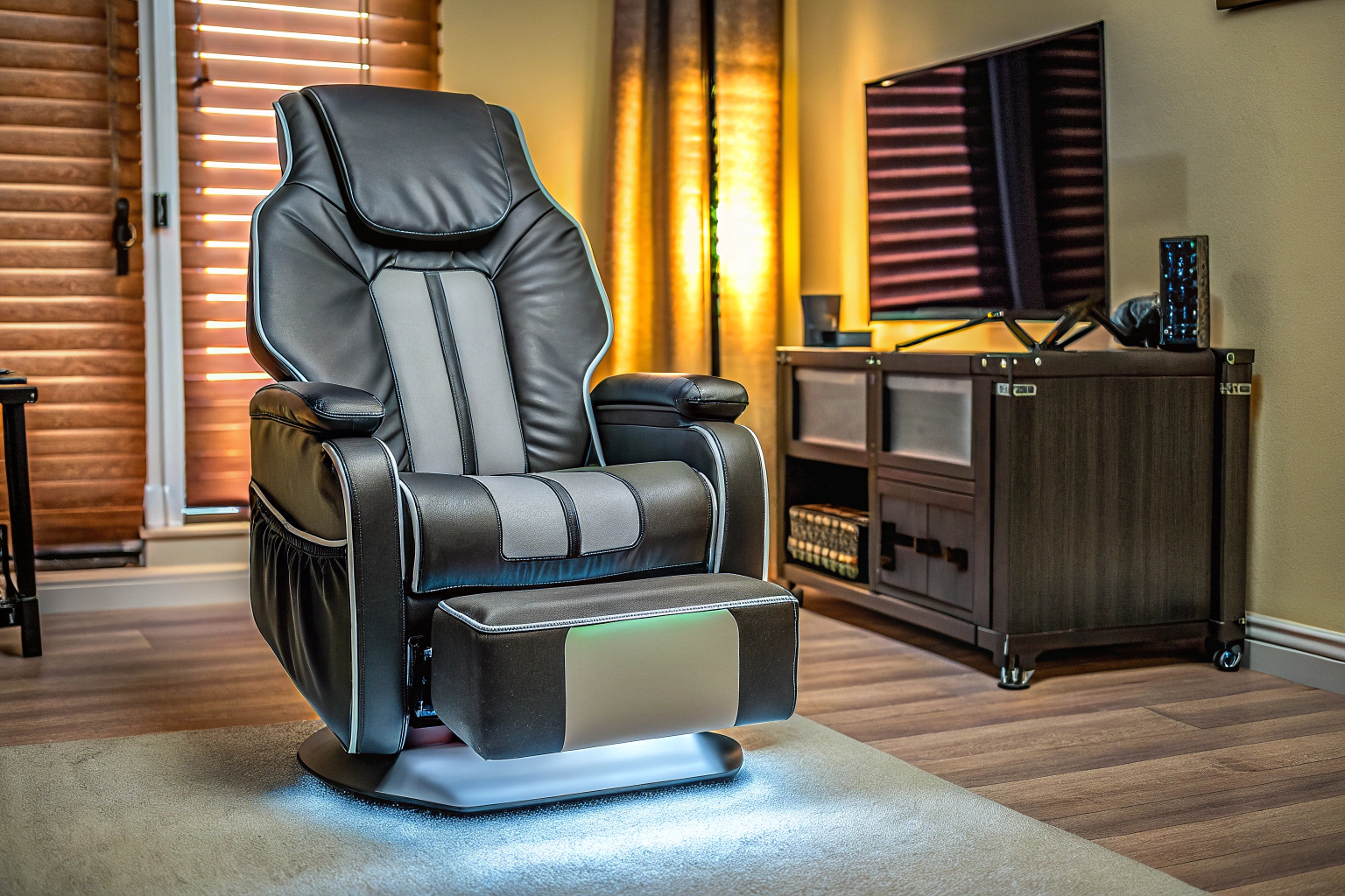 GTPLAYER Bürostuhl mit Massagefunktion und Fußstütze in einem modernen Gaming-Raum. GTPLAYER Bürostuhl