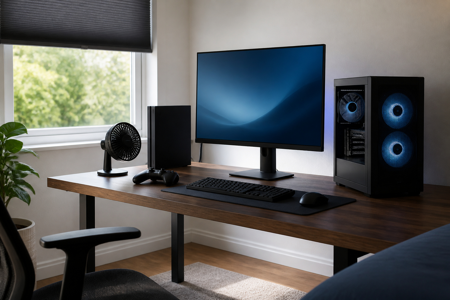 Gaming-Setup im Sommer mit PC, Konsole und USB-Ventilator gegen Hitzestau