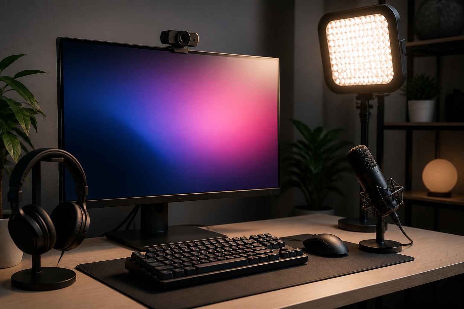 Streaming Setup mit LED Licht am Monitor
