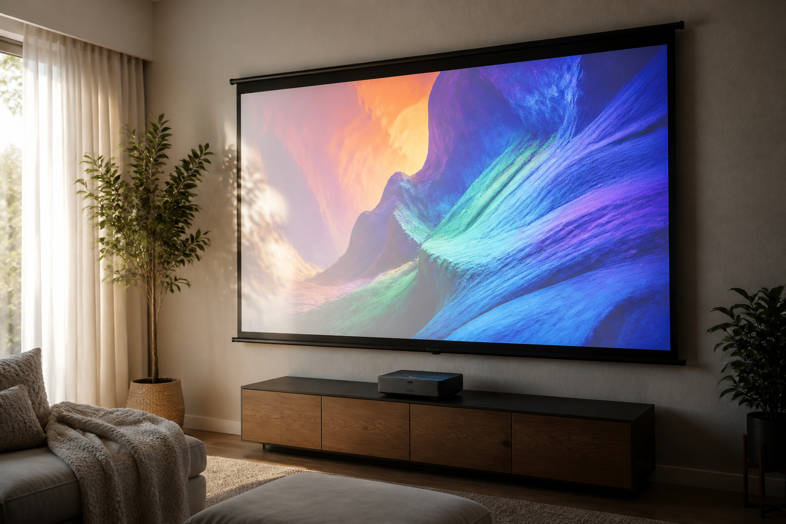 Heller Raum mit Gaming-Beamer und großer Leinwand
