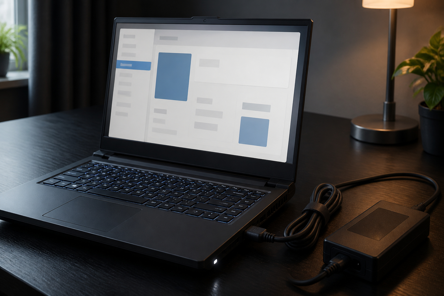 Laptop-Modell und Netzteilangaben zu Spannung Stromstärke und Watt