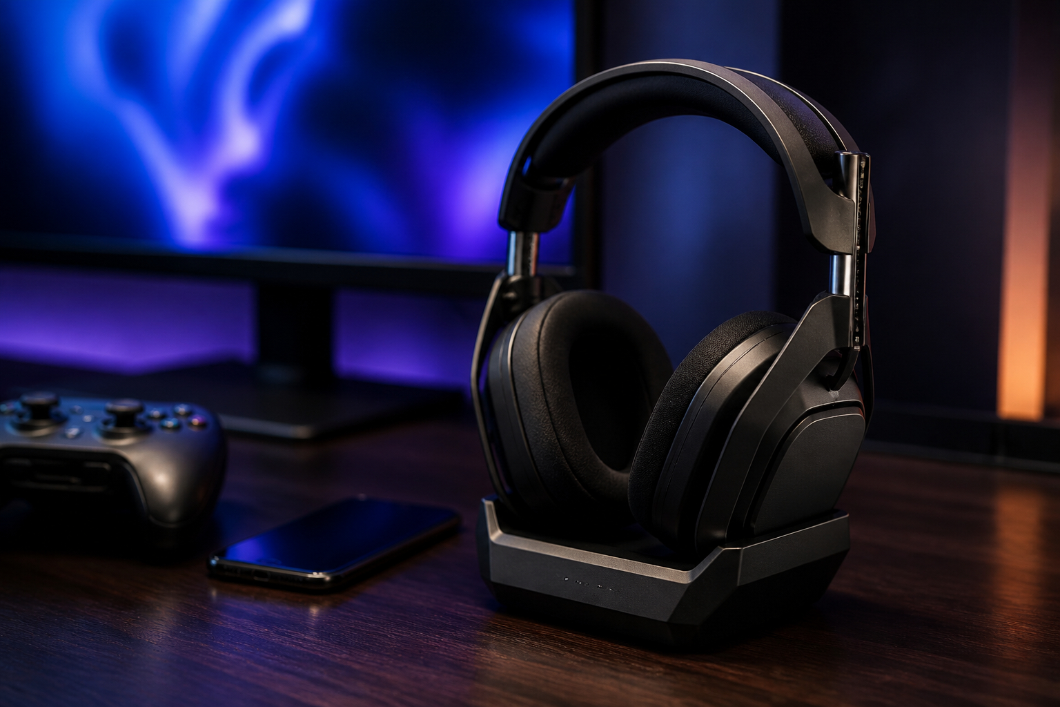 Kabelloses Gaming-Headset mit Ladestation und Smartphone