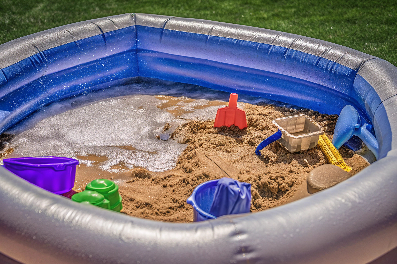 Kinder nutzen ein aufblasbares Spieltablett für sensorische Spiele mit Sand und Wasser. Aufblasbares Spieltablett für sensorische Spiele