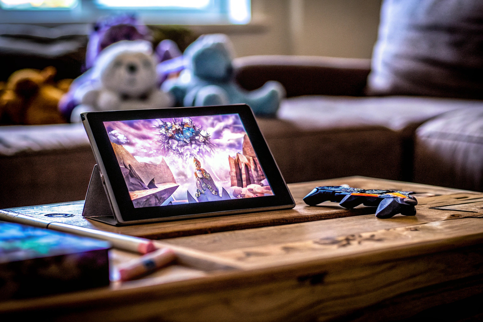 Kinder spielen ein farbenfrohes Videospiel auf einem Tablet. Kinderfreundliches Videospiel