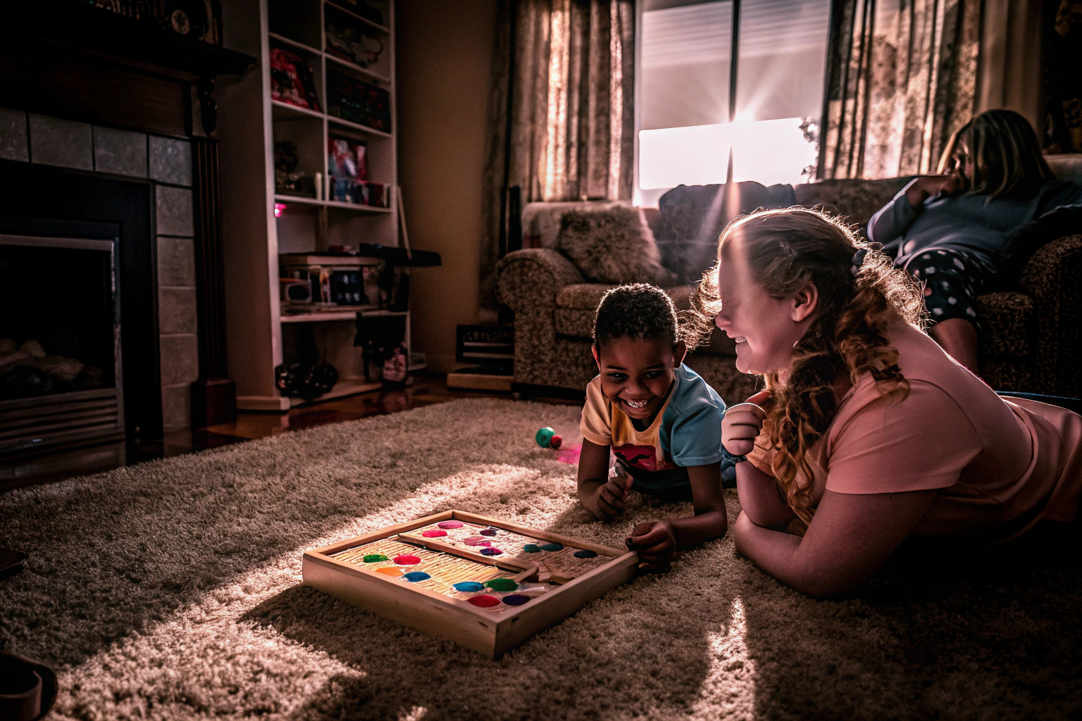 Kinder und Eltern spielen ein Würfelspiel im Wohnzimmer. Familie spielt Würfelspiel
