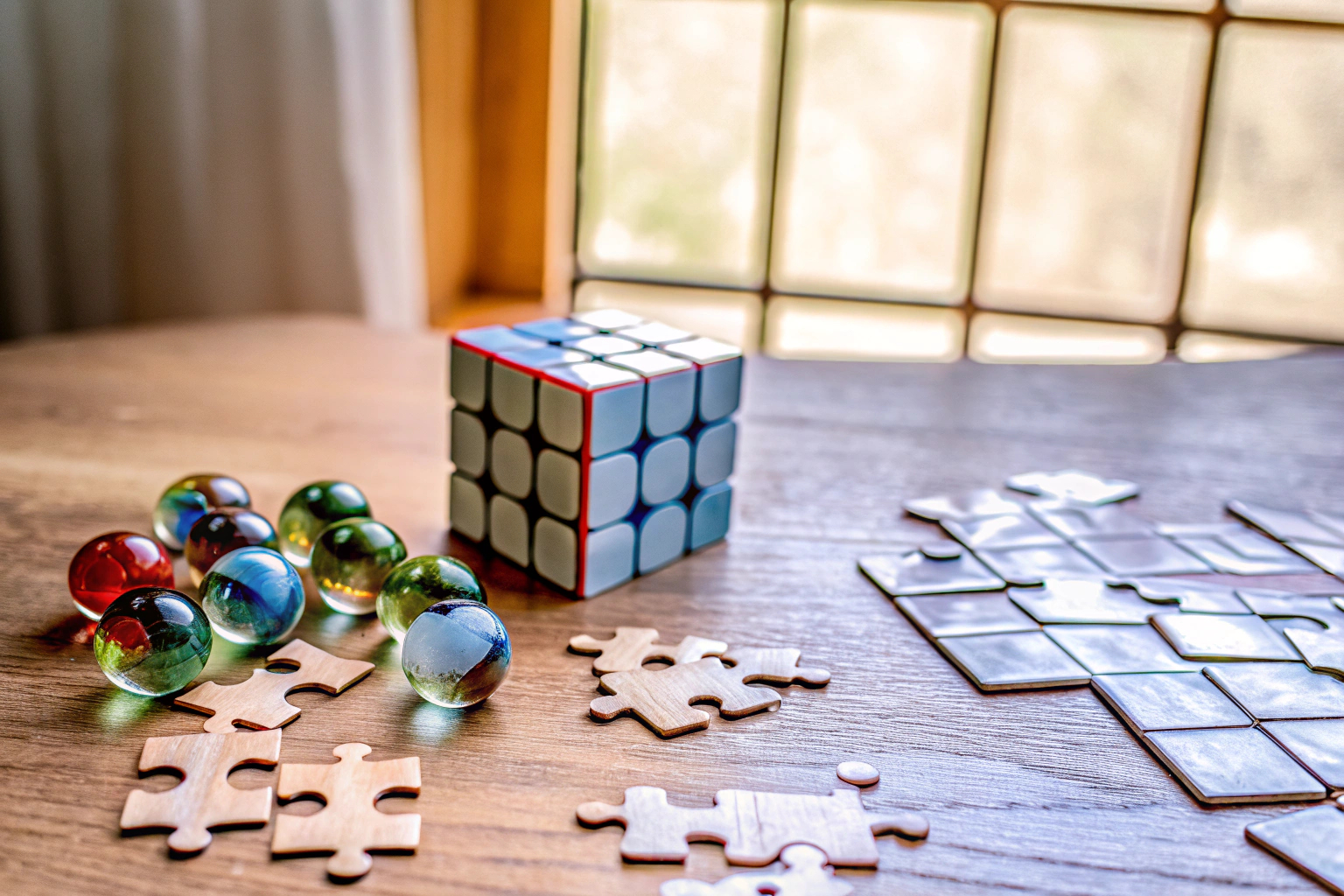 Kinder und Erwachsene, die sich an einem Tisch mit verschiedenen Knobelspielen vergnügen. Familienabend mit Knobelspielen
