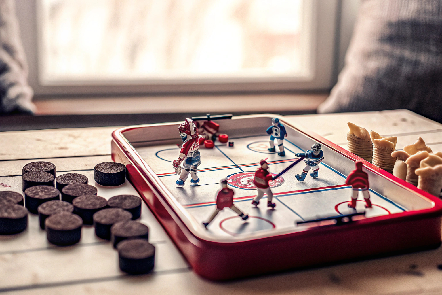 Kinder und Erwachsene spielen Brettspiel Hockey an einem Tisch. Brettspiel Hockey gespielt von einer Familie