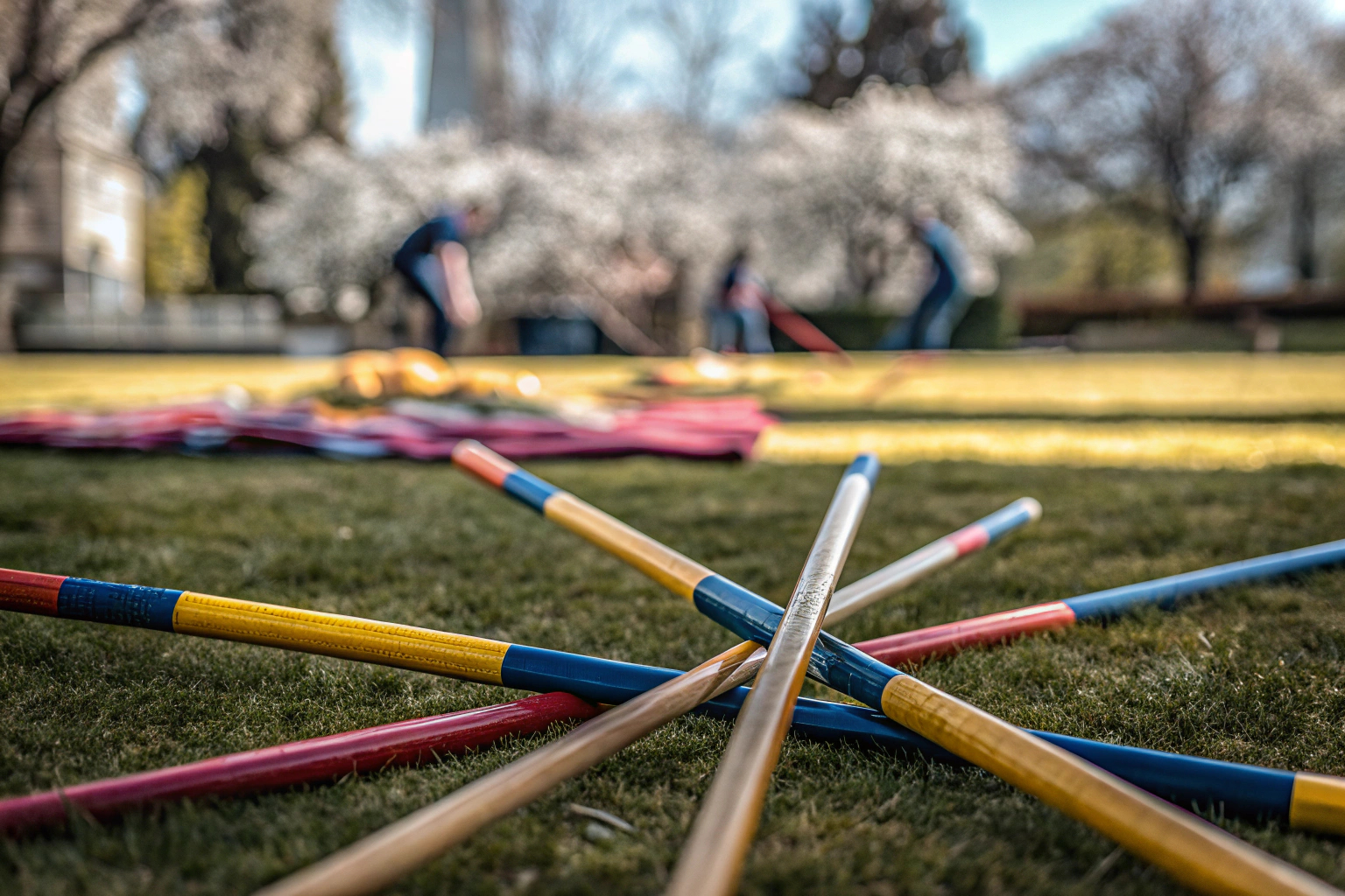 Menschen spielen Relaxdays XXL Mikado im Freien