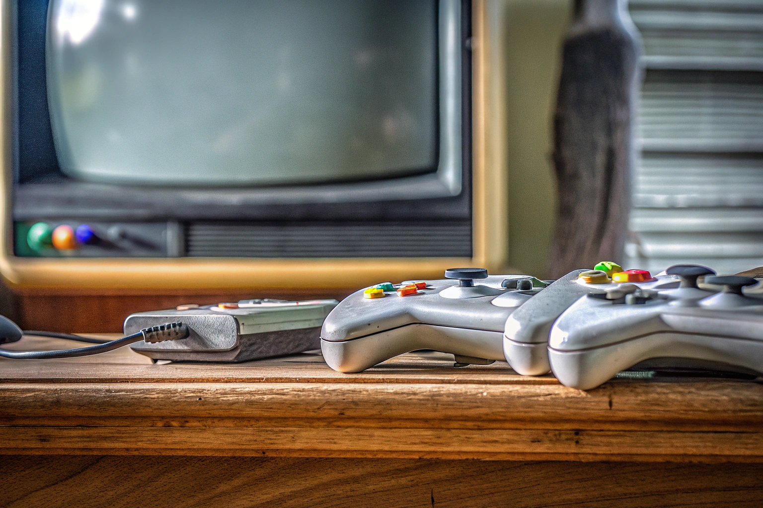 Klassische Retro-Spielkonsolen und Controller in einem nostalgischen Setup Retro-Spielkonsolen und Controller