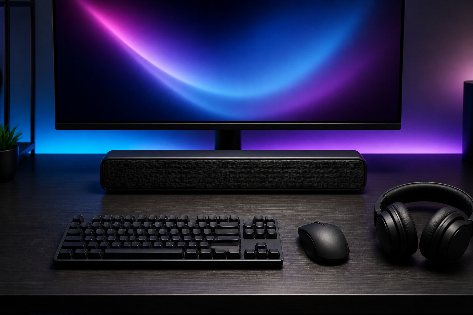 Soundbar unter Gaming-Monitor am PC-Schreibtisch